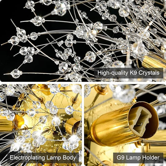 Modern Dandelion Firework Chandelier, Gold Bathroom Chandelier, Crystal Hanging Pendant Lighting Fixture for Dining Room, Bedroom, Entryway, Foyer, 9-Light