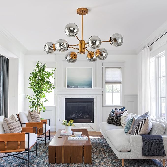 DDLLDESHI Gold Chandelier 8 Head Dining Room Light Fixture, Sliver Glass Globe Shade Kitchen Lights Modern Chandeliers (Ceiling Hanging Lighting Fixtures with Sputnik Pendant)