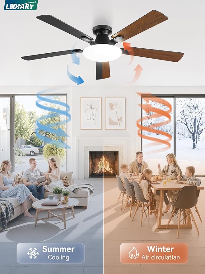 52 Inch Ceiling Fan with Lights and Remote, 30W 12" LED Panel Flush Mount Ceiling Fan, 6-Speed Quiet DC Motor Modern Low Profile Ceiling Fan with Reversible Blades for Bedroom, Living Room, Patio