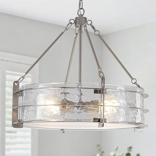 Modern Chandeliers for Dining Room, 20" Brushed Nickel Textured Glass Chandelier Luxury Light Fixture Drum Hanging Lighting for Dining Room Kitchen Island Living Room Hallway Bedroom