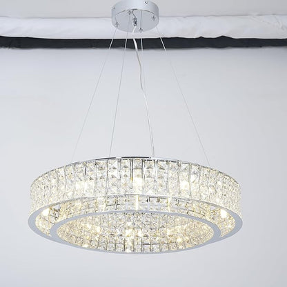 Modern Crystal Chandelier Round 12-Light Contemporary Hanging Ceiling Light Fixture Chrome Finish with Clear Rectangular Crystals Dining Room Living Room Bedroom Entryway Lighting Easy Install 24''