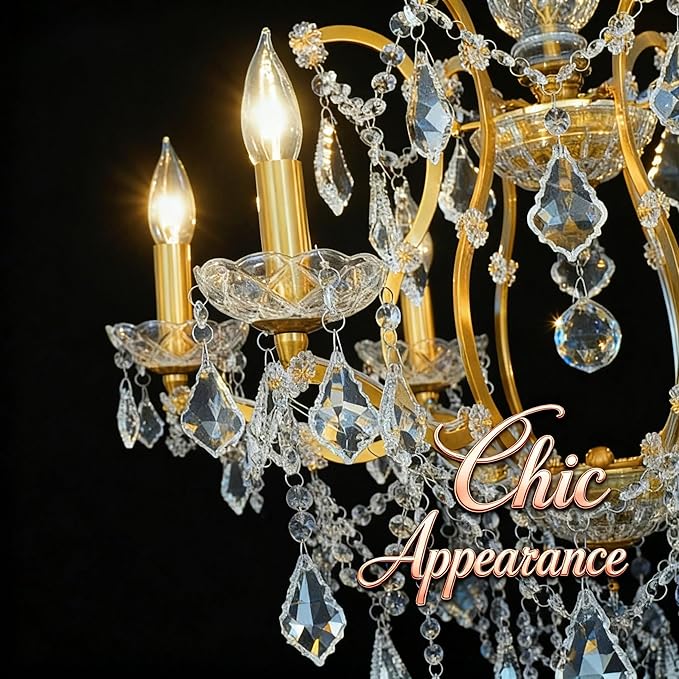 Polished Golden Bronze Chandelier, 10-Light Antique Gold Candle Pendant Ceiling Light Fixture with K9 Crystals for Dining and Living Room, Foyer, Kitchen Island, Hallway