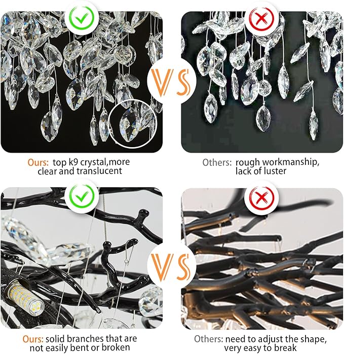 Crystal Chandeliers for Dining Room,63" Black Farmhouse Raindrop Chandelier Large Unique Adjustable Tree Branch Industrial Rectangle Chandelier for Living Room, Bedroom, Entryway (16-Light)