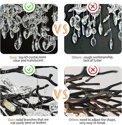 Crystal Chandeliers for Dining Room,63" Black Farmhouse Raindrop Chandelier Large Unique Adjustable Tree Branch Industrial Rectangle Chandelier for Living Room, Bedroom, Entryway (16-Light)
