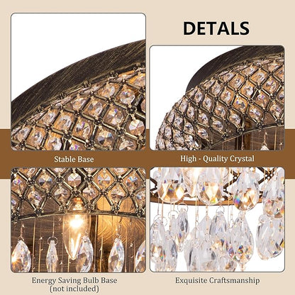 Maxax 19.5'' Crystal Bronze Chandelier, 5-Light Large Vintage Farmhouse Ceiling Light Fixture, Drum Raindrop Metal Shade, French Empire, for Living Room Bedroom Dining Room Kitchen Entryway