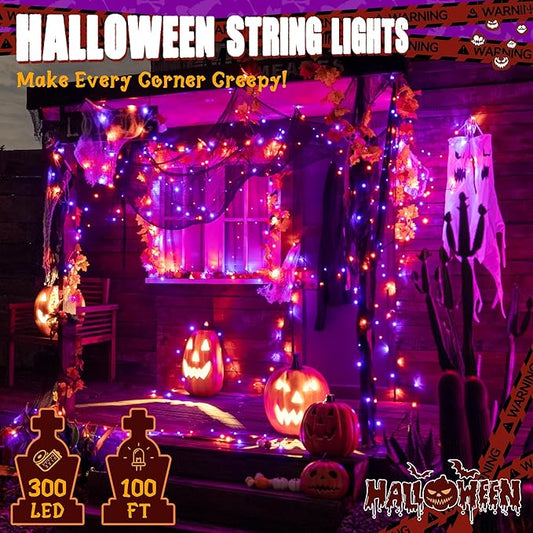 Ollny Halloween Lights Outdoor, 300 LED 100FT Orange and Purple Halloween Decorations with 8 Modes Timer, Plug in String Lights for Indoor Outside House Yard Party