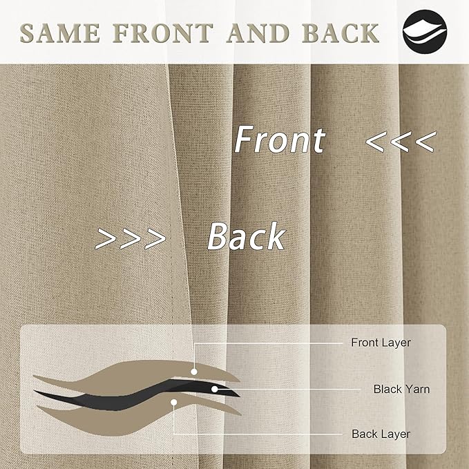 DUALIFE Taupe Linen Curtain 84 Inches Long for Bedroom/Living Room Thermal Insulated Sun Block Out Back Tab and Rod Pocket Dining Room Curtains Drapes 2 Panels - Taupe Tan,W50 x L84