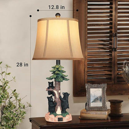 Hamucd Rustic Farmhouse Climbing Bear Table Lamps Set of 2 for Living Room with USB A+C,Bedroom Accent Tree Nightstand Lamps for Western Country Wood Cottage Christmas Decor(2 Bulbs Included)