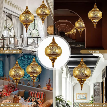 Moroccan Pendant Light - Turkish Gold Vintage Chandelier - Iron Porous Arabic Wall Light - Plug-in Ceiling Hanging Light for Kitchen Island, Restaurant, Hallway, Foyer