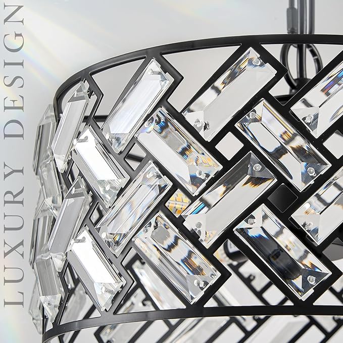 CATINER Small Black Crystal Chandelier 12", Modern 4-Light Ceiling Light, Semi Flush Mount or Hanging Pendant with Adjustable Height for Kitchen Island, Entryway, Hallway
