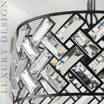 CATINER Small Black Crystal Chandelier 12", Modern 4-Light Ceiling Light, Semi Flush Mount or Hanging Pendant with Adjustable Height for Kitchen Island, Entryway, Hallway