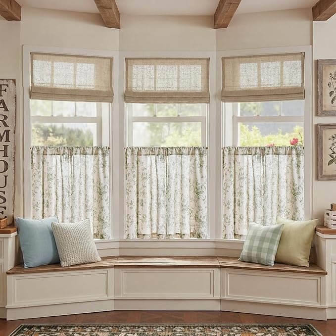 jinchan Amlie Floral Kitchen Curtains 30 Inch Length Linen Cafe Curtains Small Window Drapes Light Filtering Botanical Farmhouse for Bedroom Bathroom Rod Pocket 2 Panels Sage Green on Linen