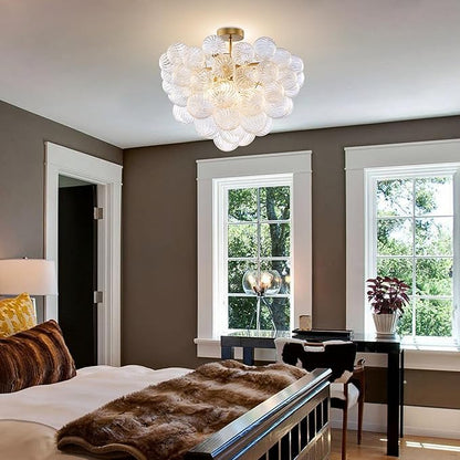 Semi Flush Mount Bubble Ball Chandelier Lighting 20 Inch Gold Clear Ribbed Blown Glass Chandeliers Ceiling Light Fixtures for Bedroom, Living Room, Entry, Bathroom