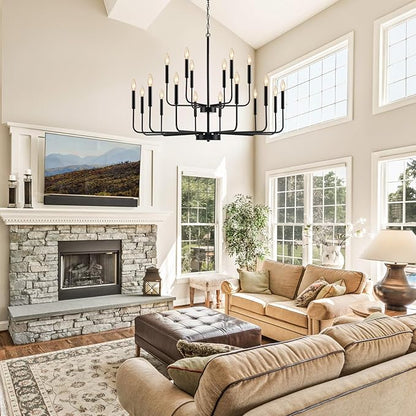 Black Chandeliers for Dining Room Light Fixture Over Table, Modern Farmhouse Chandeliers for Living Room,18-Lights Industrial Metal 2-Tier Candle Lighting Fixtures for Entryway Kitchen Island Foyer