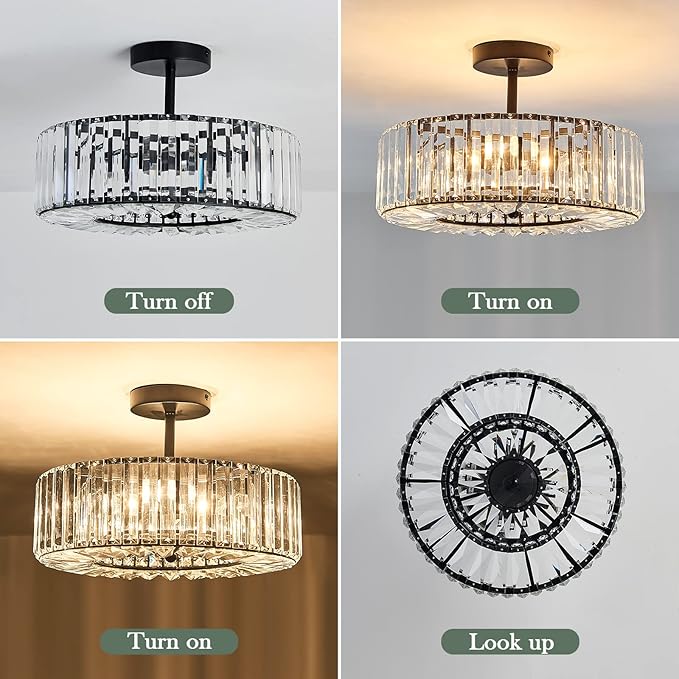 Piepooye 4 Lights Modern Crystal Chandelier Black Round Semi Flush Mount Ceiling Light Fixture Farmhouse Chandelier for Dinning Room Living Room Bedroom Hallway Entryway Kitchen