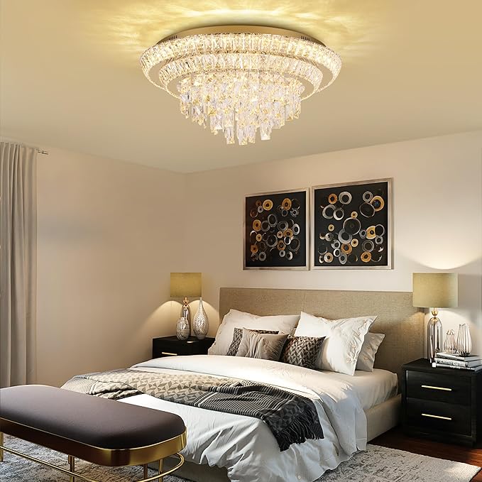 24 inch Crystal Gold Ceiling-Light Flush Mount With Remote Control and APP, 3CCT Dimmable & Brightness Adjustable, Modern Crystal Raindrop Chandeliers for Bedroom Hallway Dinning Room Living Room
