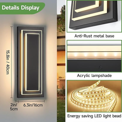 Modern Outdoor Square Wall Sconce LED,15.7 in Waterproof Patio Wall Light Fixture,Exterior Lights for House,Side Garage,Front Porch,Entrance with 3000K 24W Light Bead,2PCS