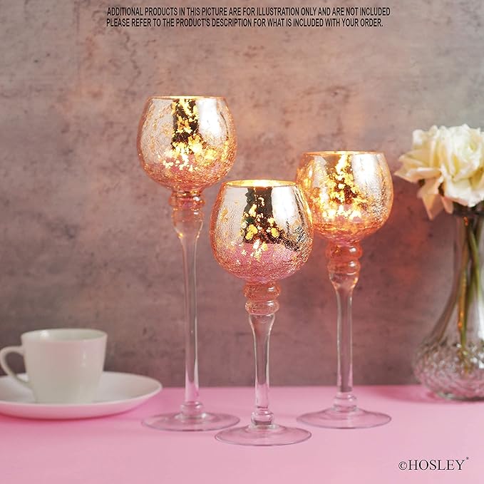 Hosley® Elevate Ambiance with Set of 3 Crackle Rose Gold Glass Tealight Holders 12 Inch, 10 Inch, 9 Inch Sophisticated Decor for Chic Candle Displays