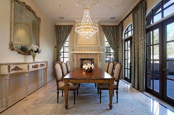 TOCHIC French Empire Crystal Chandelier 9 Lights Modern Gold Chandelier, Luxury High Ceiling Light Fixture for Dining Living Room, Bedroom, Kitchen Island, Foyer, Hallway, 28.5" W x 43.7" H