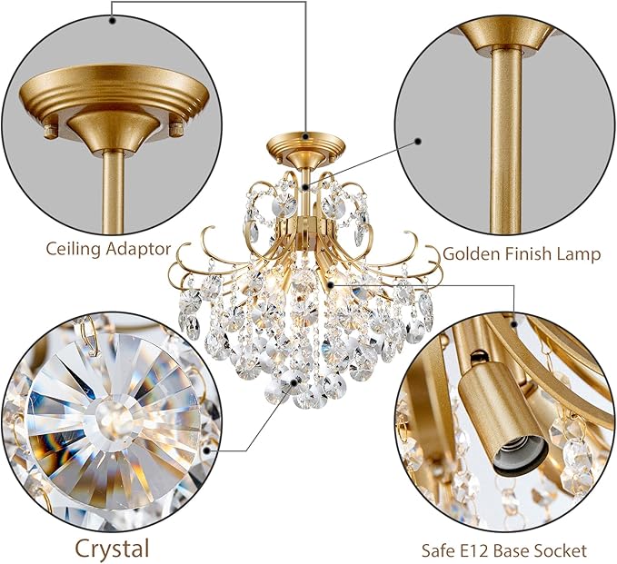 Gold Crystal Chandelier Ceiling Light, Luxury Crystal Semi Flush Mount Ceiling Lighting Fixture for Dining Room Bedroom Hallway Bar Kitchen, H 17.7'' x W 18.1''