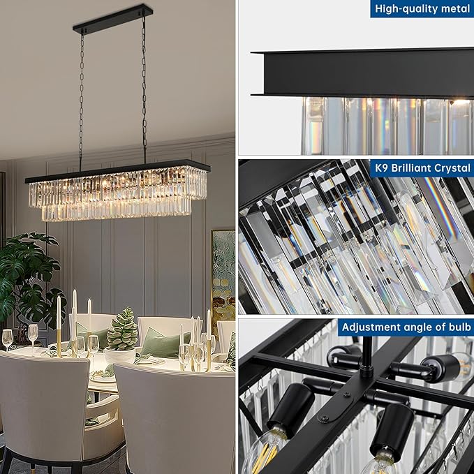 Weesalife Crystal Chandeliers for Dining Room Light Fixtures Over Table，18-Lights Black Modern Rectangle Chandeliers for Kitchen Island Bar L46 Inch