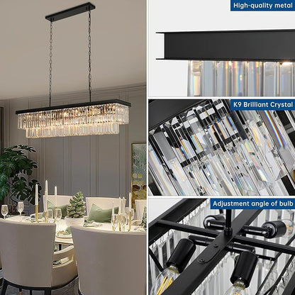 Weesalife Crystal Chandeliers for Dining Room Light Fixtures Over Table，18-Lights Black Modern Rectangle Chandeliers for Kitchen Island Bar L46 Inch