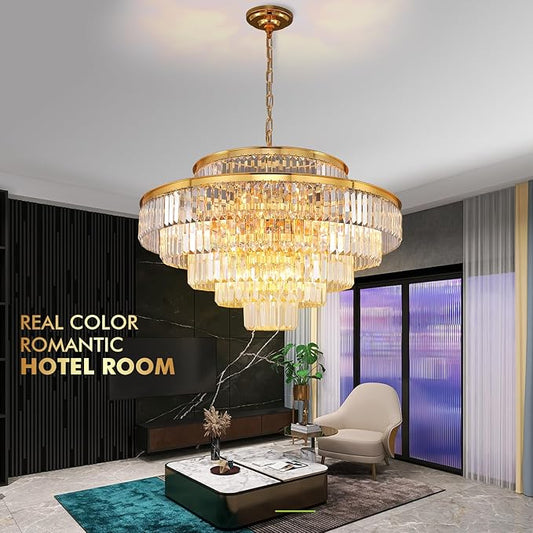 31" Gold Crystal Chandelier, Modern 6-Tier Ceiling Light with Clear Crystal Prisms, Luxury Pendant Lighting for Dining Room Living Room Entryway