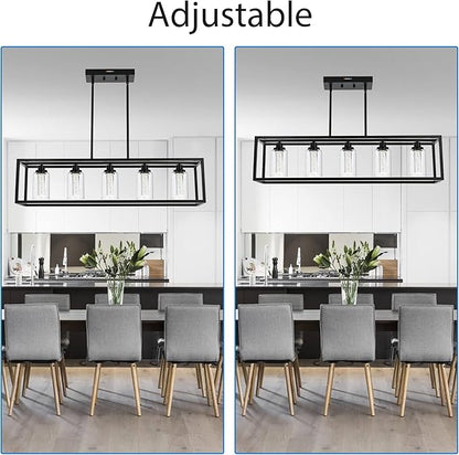 MELUCEE Dining Room Light Fixtures Over Table, 5 Light Black Kitchen Island Lighting LED Pendant Light, Linear Bubble Crystal Chandelier with Clear Glass, Built in LED chips 5-Color Temperature Adjust