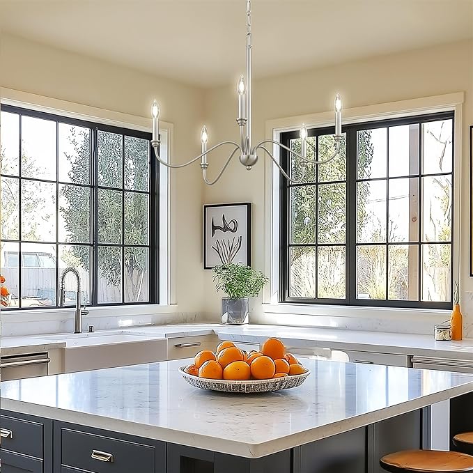Kira Home Archer 28" 5-Light Farmhouse Chandelier, Brushed Nickel Ceiling Fixture with Elegant Curved Swoop Arms, Brushed Nickel Finish