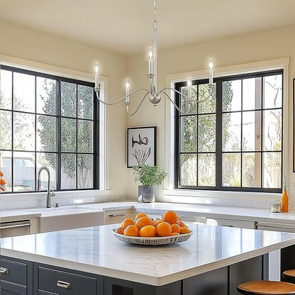 Kira Home Archer 28" 5-Light Farmhouse Chandelier, Brushed Nickel Ceiling Fixture with Elegant Curved Swoop Arms, Brushed Nickel Finish
