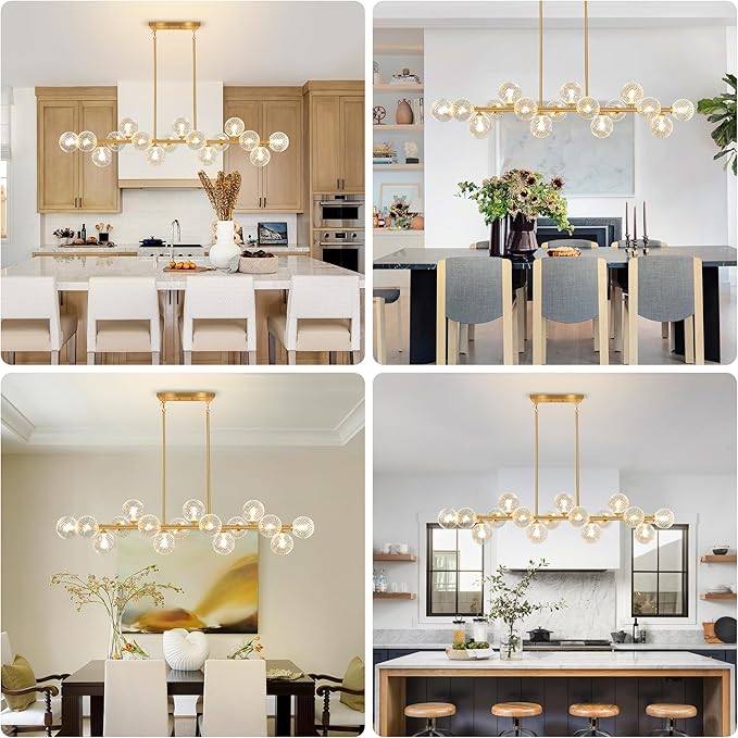 55" Linear Chandelier Swirled Glass Gold Sputnik Chandelier, Long Modern Chandeliers for Dining Room 16-Light Electroplated Brass Large Chandelier Long Dining Room Light Fixture Linear Island Lights