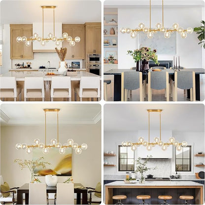 55" Linear Chandelier Swirled Glass Gold Sputnik Chandelier, Long Modern Chandeliers for Dining Room 16-Light Electroplated Brass Large Chandelier Long Dining Room Light Fixture Linear Island Lights