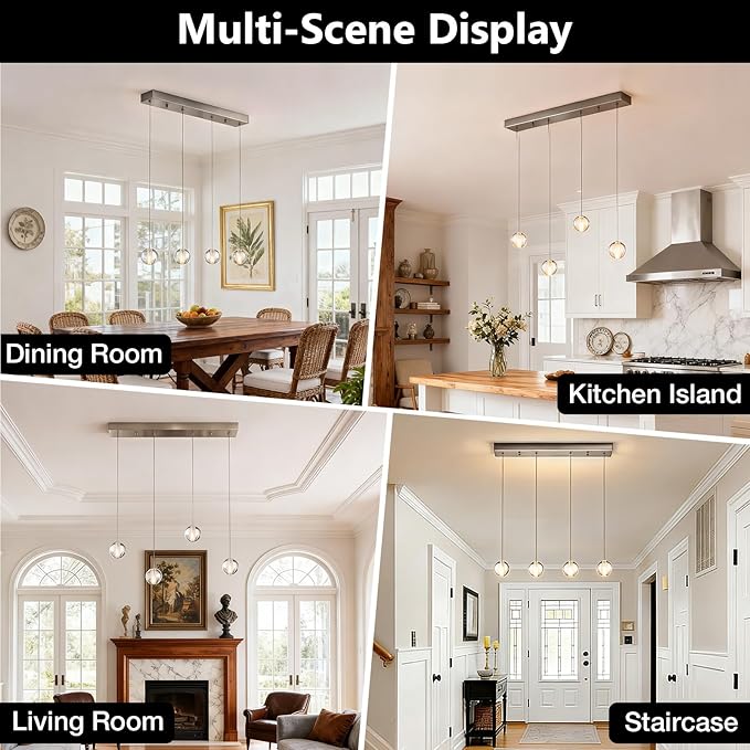 Brushed Nickel 4 Lights Rectangular Chandeliers, Bubble Light Fixture, Modern Crystal Globe Hanging Kitchen Pendant Lights Over Sink for Dining Room Kitchen Island Hallway Bedroom