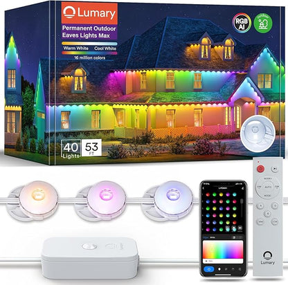 Lumary Permanent Outdoor Lights Max 53ft with 40 LED Eave Lights RGBAICW 2400LM, IP67 Waterproof, IC Control and Scene Modes for Halloween Christmas Decoration, Works with Alexa and Google Assistant