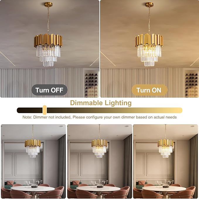3-Tier 15.8" Modern Gold Crystal Chandelier, 5-Light Round K9 Crystal Pendant Light Fixture for Dining Room, Kitchen Island, Bedroom, Living Room, Foyer, Entryway