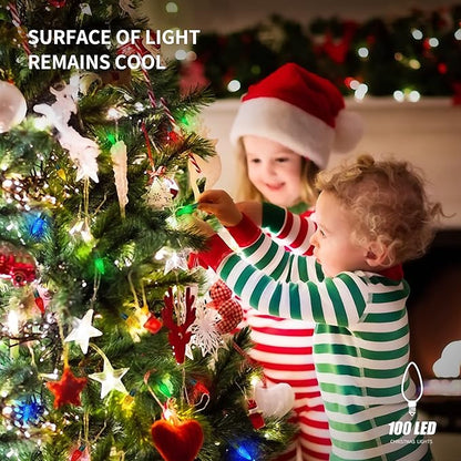 WATERGLIDE C6 Christmas Lights, 33ft 100 LED Faceted String Lights Green Wire Fairy Lights with 29V Safe Adaptor, 8 Lighting Mode, Waterproof for Indoor Outdoor Patio Xmas Tree Party Decor, Multicolor