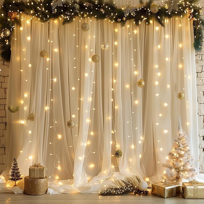Fomcet Tulle Backdrop Curtains Champagne 30FT X 10FT Tulle Curtain with Lights String Sheer Backdrop Curtains for Parties Wedding Baby Shower Photo Shoot Decorations (6 Panels 5x10FT)