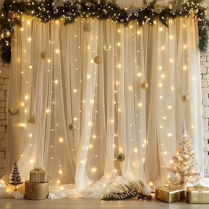Fomcet Tulle Backdrop Curtains Champagne 30FT X 10FT Tulle Curtain with Lights String Sheer Backdrop Curtains for Parties Wedding Baby Shower Photo Shoot Decorations (6 Panels 5x10FT)