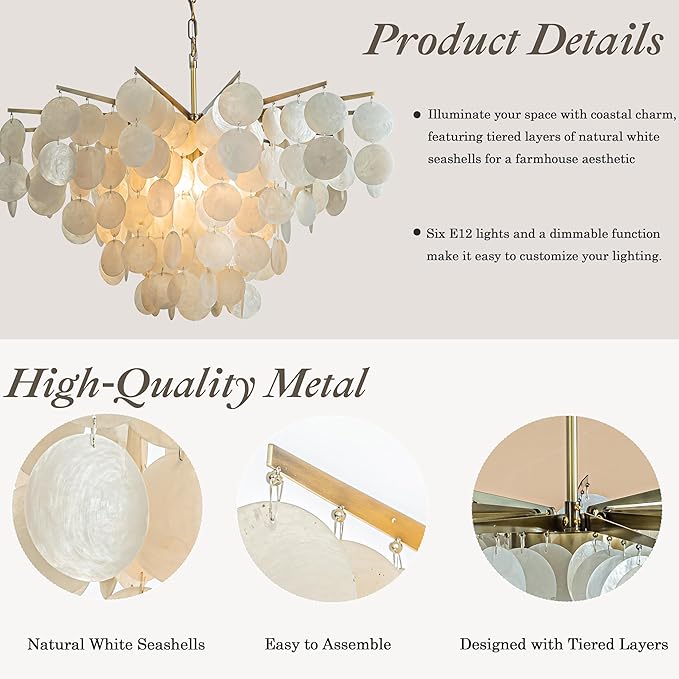 ALOADECOR 6-Light 30" Cone Shape 5-Tier Coastal Capiz Shells Chandelier with Antique Gold Metal Farmhouse Natural Seashell for Dining Room Living Room