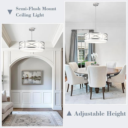 19.7'' Modern Brushed Nickel Drum Chandelier, 5-Light Modern Chandeliers for Dining Room Brushed Nickel Pendant Light with White Fabric Shade for Kitchen Living Room Entryway Bedroom