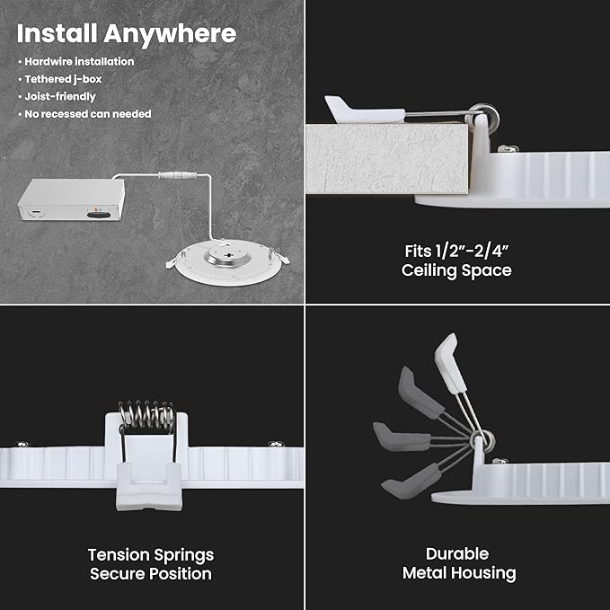Feit Electric 6" Canless LED Recessed Downlight, 65W Equivalent, Non-Dimmable, Battery Backup, 5 Selectable Color Temperatures, Low-Clearance Applications for Indoor/Outdoor Use, LEDR6XT/BAT/5CCTCA
