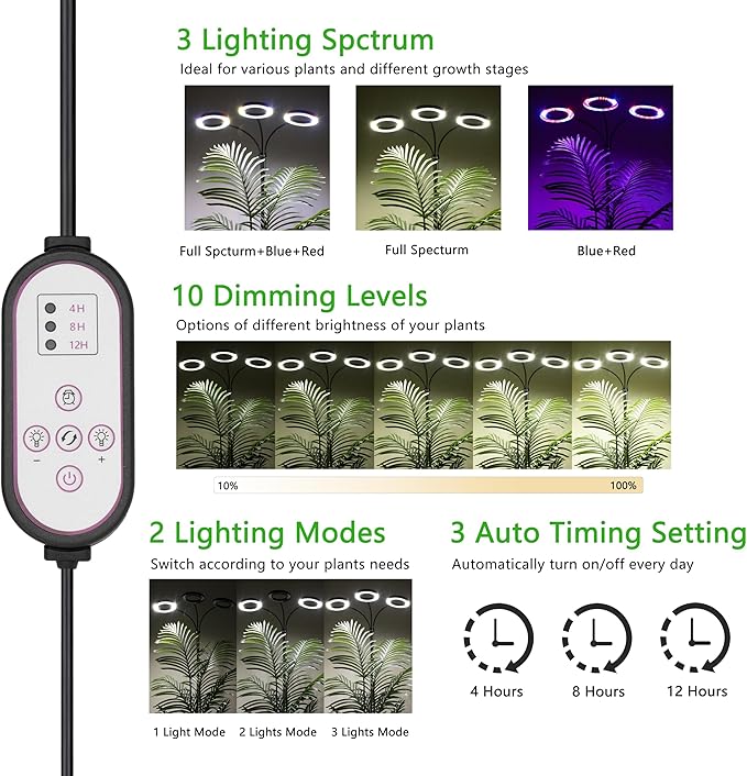 Grow Light for Indoor Plants, 3-Head Full Spectrum LED Tall Plant Lights with Timer, 3 Color Modes Standing Floor Growing Lamp, 74" Height Adjustable, 10 Dimmable Levels for Large Plants