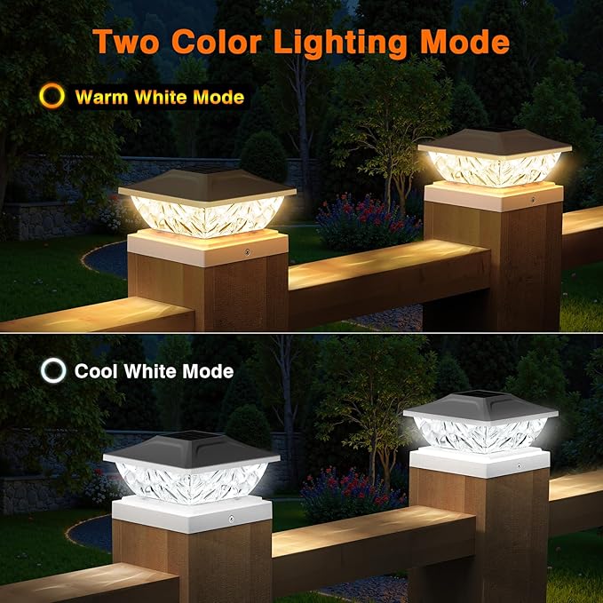 Solar Post Cap Lights Outdoor, 2 Mode Bright Solar Post Lights Outdoor Waterproof Fence Post Cap Lights, Outdoor Post Lights Solar Powered Deck Light for 4x4 4.5x4.5 5x5 Posts, 2 Pack