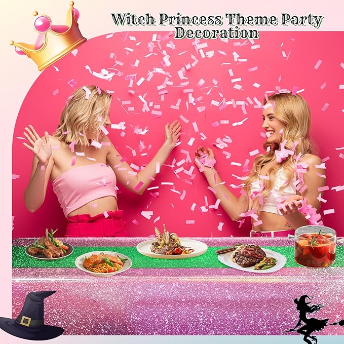 Oudain 2 Pcs Witch Princess Theme Party Pink & Green Holographic Party Tablecloth 54 x 108 Inch Plastic Rectangle Tablecloth Waterproof Table Cover for Witch Princess Theme Birthday Decoration