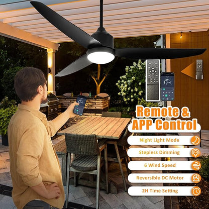 Depuley Outdoor Ceiling Fan with Light: 52 Inch Gazebo Fan Outdoor Hanging - Plug in Waterproof Fans with Lights for Patio - Dimmable Remote App Control Black