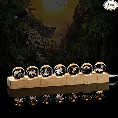Qianwei 3D Crystal Animal Ball Lamp - Horse, Unicorn, Cat, Elephant, Hummingbird, Flamingo, Butterfly - Led Base with 6 Color Modes - Crystal Material - 7pcs Set