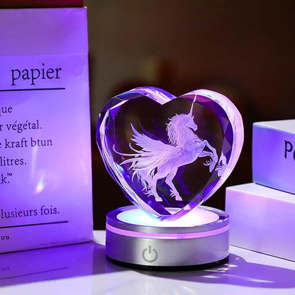Qianwei Unicorn Gifts for Women 3D Crystal Heart - Laser Unicorn Decor Glass Animals Unicorn Gifts Figurines Statue Stuff for Room Decorations Unicorn Night Light
