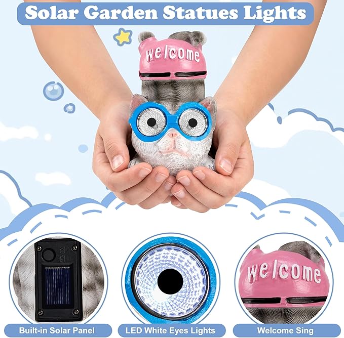 pearlstar 3 Pack Solar Lights Outdoor Garden Statues Resin Animal with Welcome Sign, Cat Dog Pig Solar Figurines LED Lights Waterproof Outside Decor for Patio Yard, Mothers Day Gifts for Mom Grandma