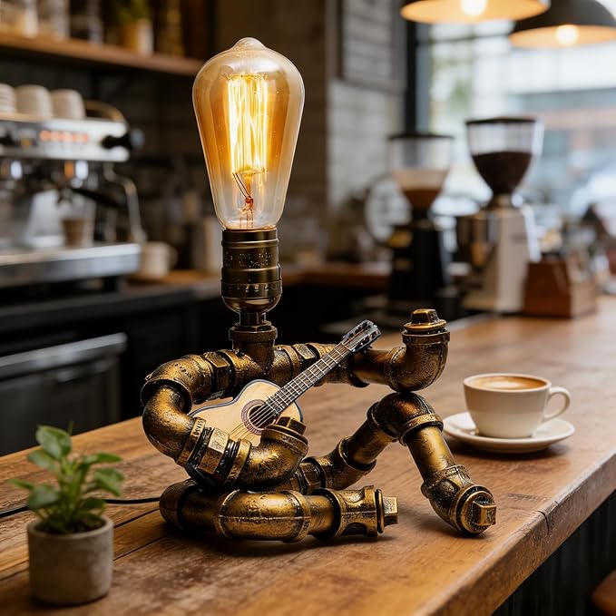 Steampunk Decor Table Lamp for Men Unique Creative Robot Style Desk Lamp,Vintage Industrial Metal Pipe Water Pipe Light, Home Decor Ideal for Bedrooms,Study. (Bronze D)