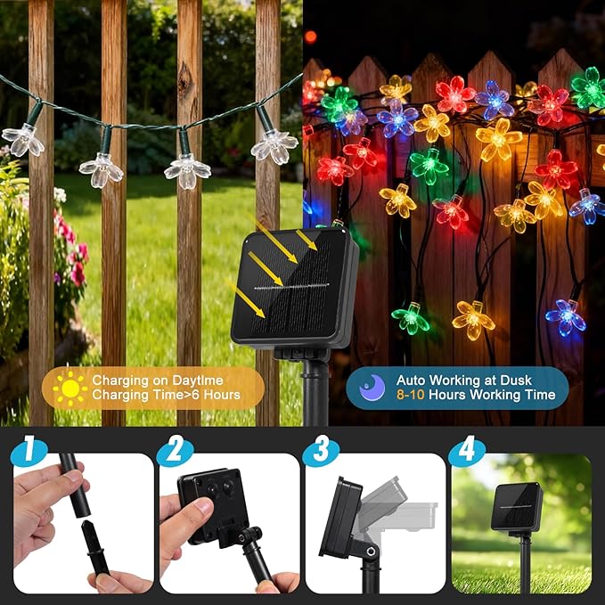 60 LED Solar String Lights Outdoor Waterproof Flower Fairy Lights for Garden Fence Patio Yard Christmas Tree Lawn Wedding Party Decor, Blue and Pure White
